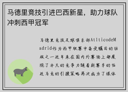 马德里竞技引进巴西新星，助力球队冲刺西甲冠军